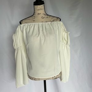 Elegant Off-the-Shoulder White Blouse - Long Sleeve Flowy Top for Feminine Charm